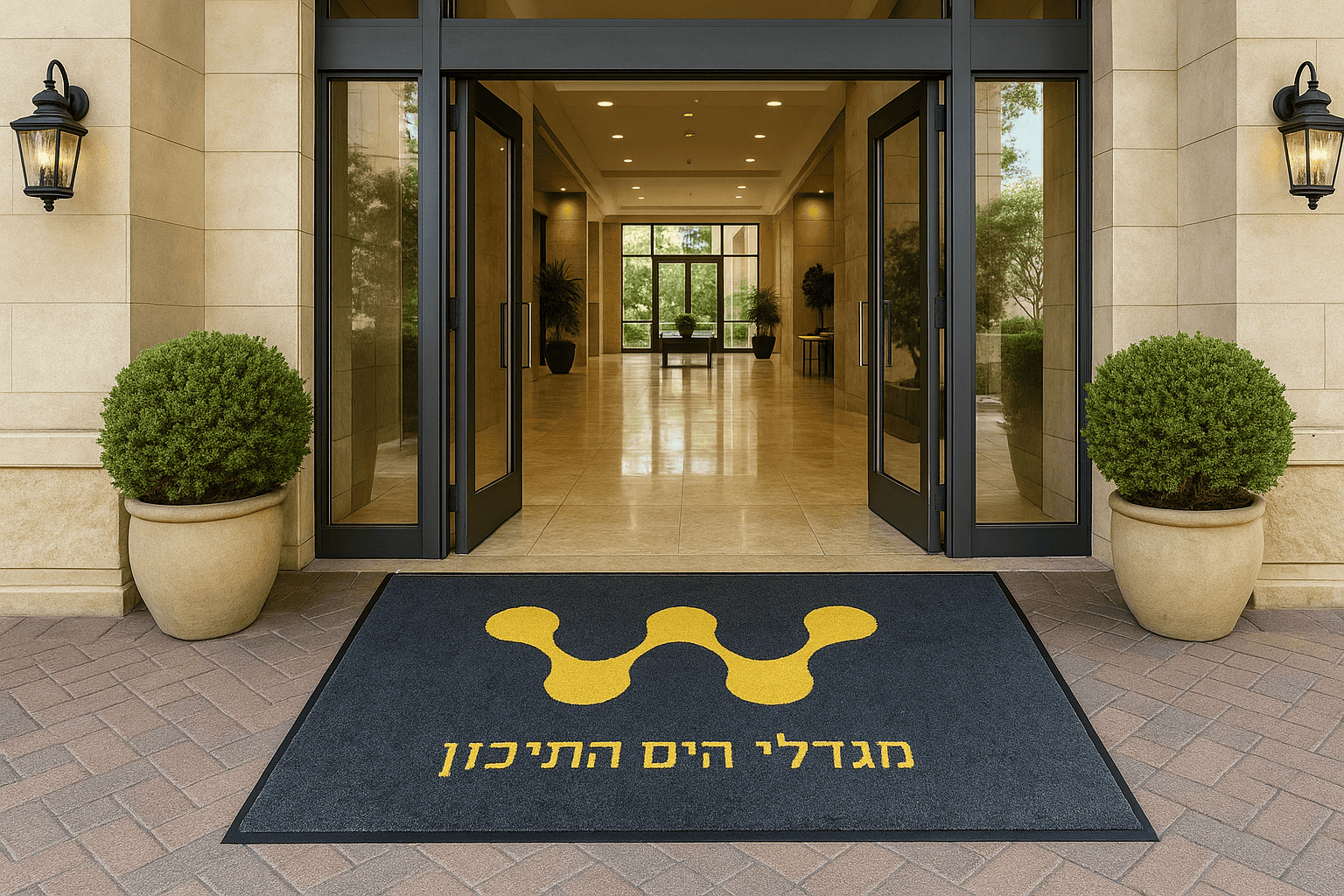 כניסה לבניין עם דלתות זכוכית כפולות, עציצים ועציץ עם לוגו צהוב וטקסט בעברית.