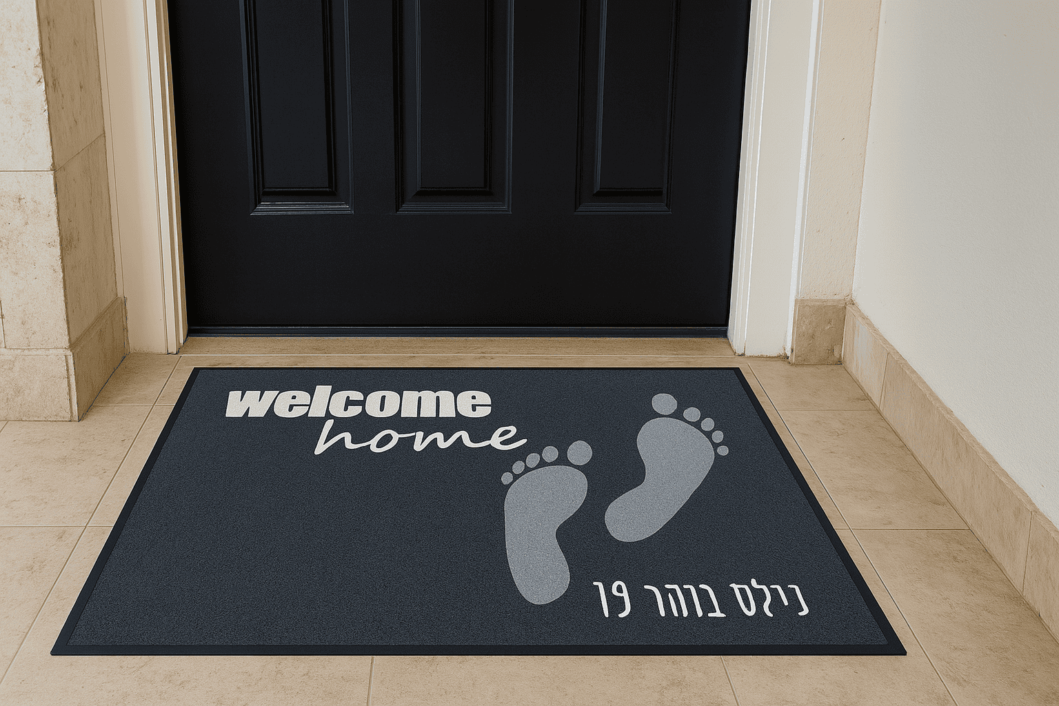 שטיח לוגו שחור עם הכיתוב "ברוכים הבאים הביתה" באנגלית ובעברית, עם שתי טביעות רגליים, המונח מול דלת שחורה על רצפת אריחים.